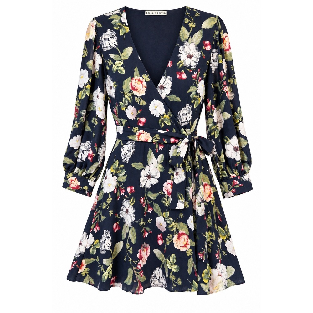Alice + Olivia Hannah Wrap Mini Dress Hazy Floral Sapphire Navy Size 12